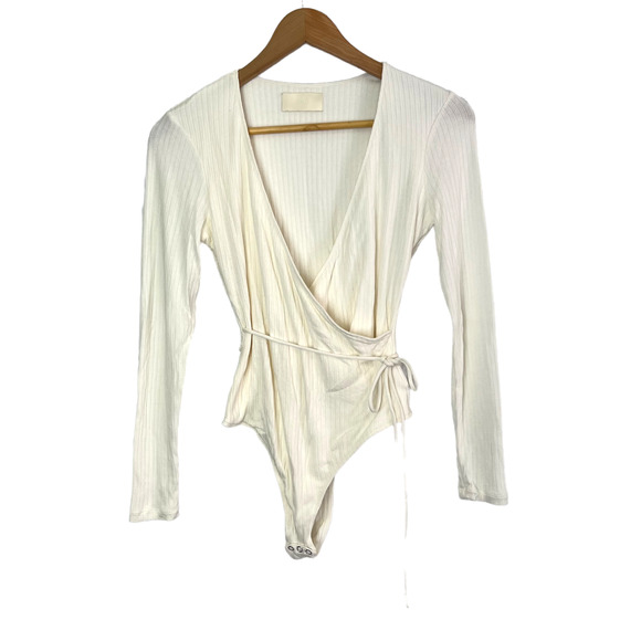 Capulet Tops - CAPULET Size S Prima White Knit Bodysuit Ribbed Long Sleeve Wrap Front Tie Top